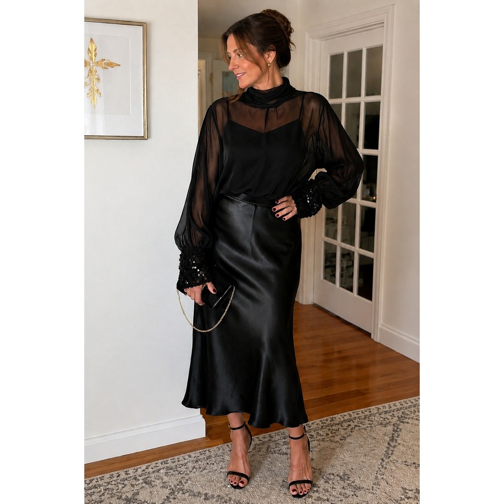 Zara Sheer Sequin Cuff High Neck Blouse